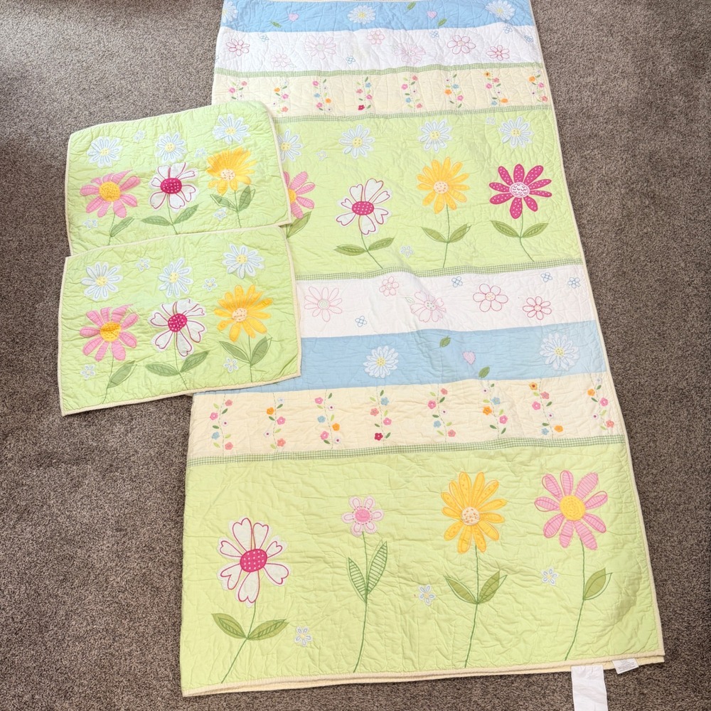Pottery Barn Kids Floral Daisy Garden Quilt Comforter 2 Shams Full Queen 86 x 86